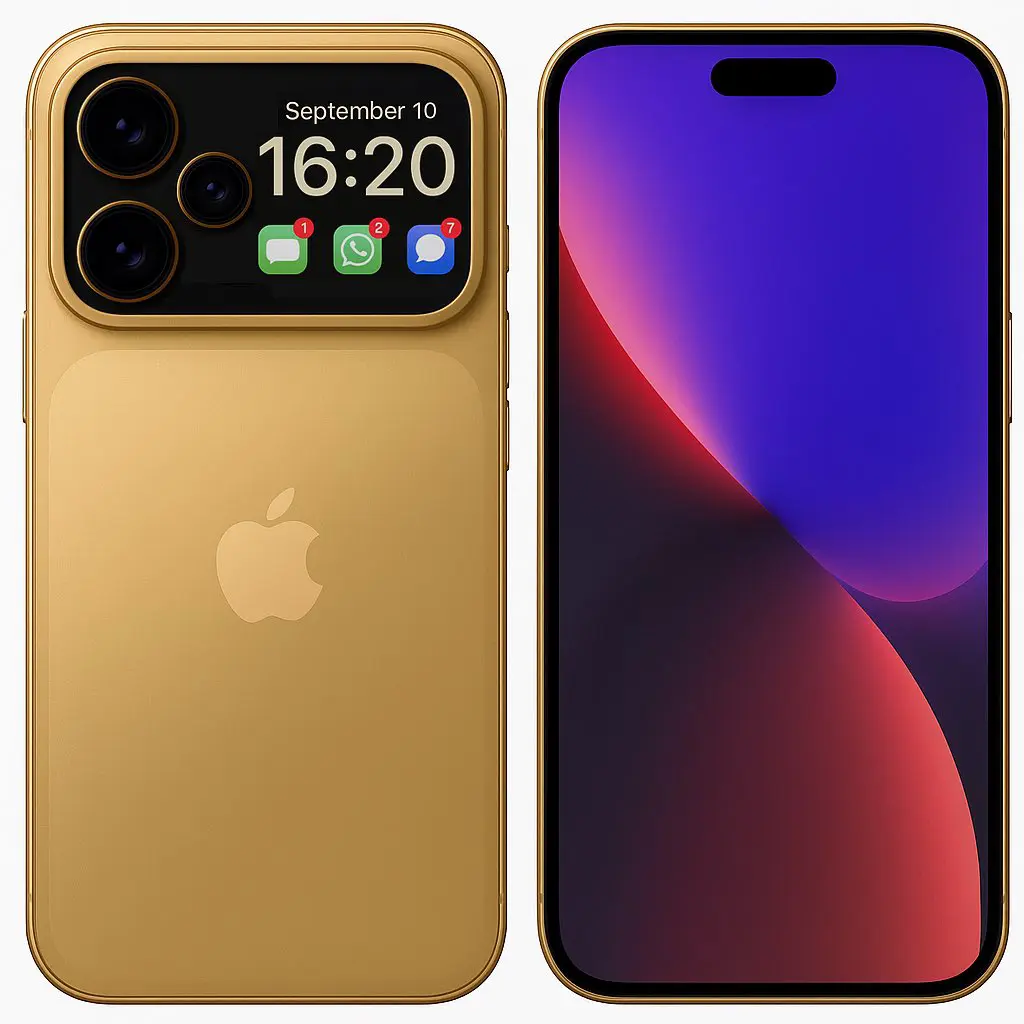 The iPhone 17 design concept in gold with a back screen